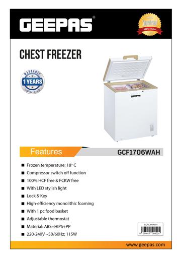 display image 14 for product Geepas GCF1706WAH 170L Single Door Chest Freezer - Adjustable Thermostat Control, High Efficiency with Compressor Switch| Food Basket| 2 Years Warranty