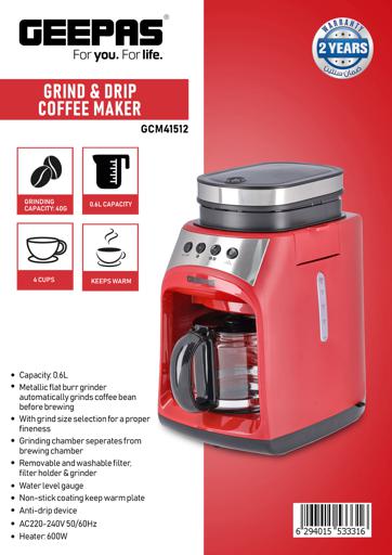 display image 13 for product Grinder & Drip Coffee Maker, 0.6L, 4 cups, GCM41512 | Washable Filter | Non-Stick Coating Keep Warm Function | Filter Holder & Grinder | Water Level Gauge