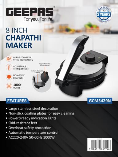 display image 15 for product Geepas GCM5429 8" Chapathi Maker - Non-stick Coating with Thermostat Control | Cool Touch Handle with Indicator Lights | Ideal for Making Breads, Chapathi, Roti