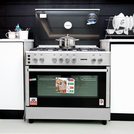 display image 1 for product 90x60 Full Safety Gas Cooking Range, Rotisserie, GCR9077FTCST | Cast Iron Pan Support | Convention Fan | 5 Gas Burner and Double Oven Lamp | Oven with Timer