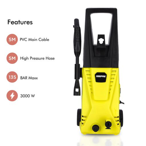 display image 2 for product Geepas Electric Pressure Car Washer -  Spray Gun, Hose with High/Low Pressure Nozzle, Soap Bottle | Rotary Knob | Ideal for Washing Car, Bike, Floor & More