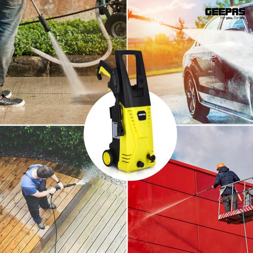 display image 5 for product Geepas Electric Pressure Car Washer -  Spray Gun, Hose with High/Low Pressure Nozzle, Soap Bottle | Rotary Knob | Ideal for Washing Car, Bike, Floor & More