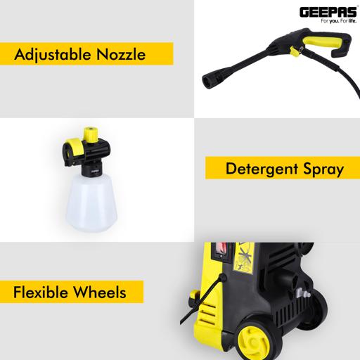 display image 1 for product Geepas Electric Pressure Car Washer -  Spray Gun, Hose with High/Low Pressure Nozzle, Soap Bottle | Rotary Knob | Ideal for Washing Car, Bike, Floor & More