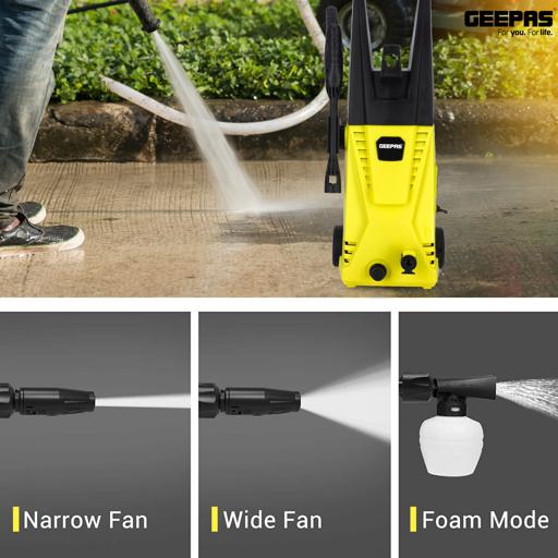 display image 4 for product Geepas Electric Pressure Car Washer -  Spray Gun, Hose with High/Low Pressure Nozzle, Soap Bottle | Rotary Knob | Ideal for Washing Car, Bike, Floor & More