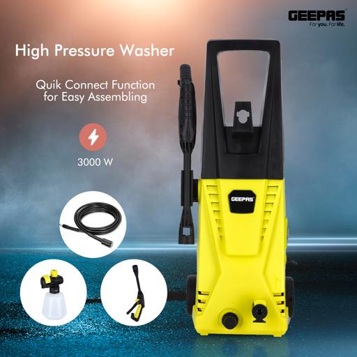 display image 3 for product Geepas Electric Pressure Car Washer -  Spray Gun, Hose with High/Low Pressure Nozzle, Soap Bottle | Rotary Knob | Ideal for Washing Car, Bike, Floor & More