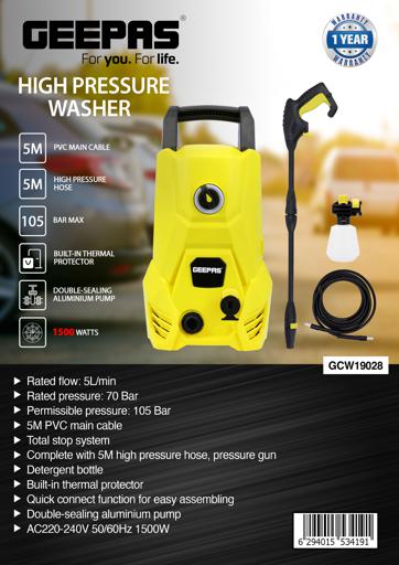display image 24 for product High Pressure Electric Washer, 5M PVC Main Cable, GCW19028 | 5M High Pressure Hose | 1500W Power Cleaner for Car, Home and Garden, Furniture | 105 Bar Water Jet
