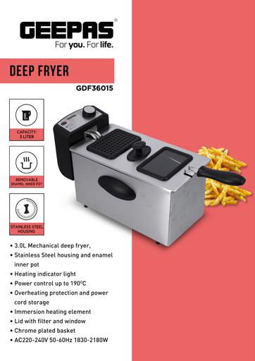 display image 13 for product Deep Fryer with Compact 2180W Powerful 3L | Overheat Protection & Chrome Plated Basket - Geepas