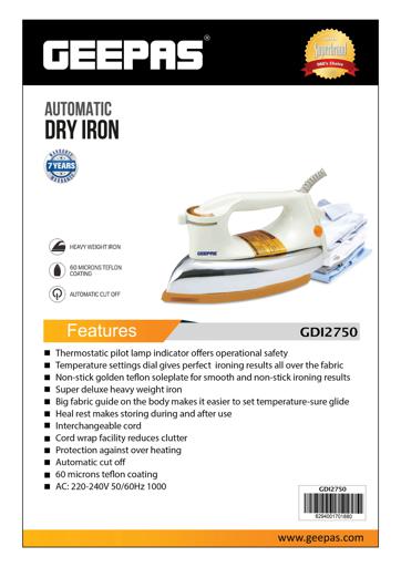 display image 15 for product Geepas GDI2750 1000W Heavy Weight Dry Iron - Automatic Dry Iron,Teflon Plated Sole Plate | Auto Shut Off,  Overheat Protection | 2 Years Warranty