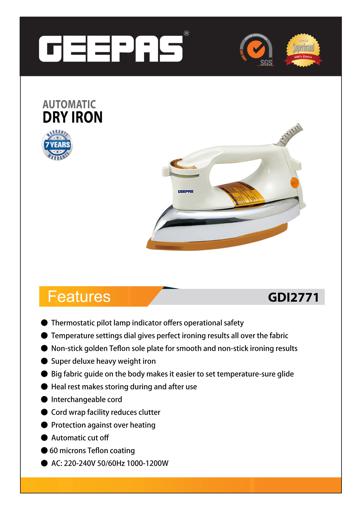 display image 8 for product Geepas GDI2771 1200W Automatic Dry Iron - Automatic Dry Iron -  Durable Teflon Plated Sole Plate| Auto Shut Off, Temperature Setting Dial 