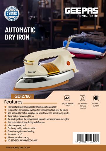 display image 16 for product Geepas GDI2780 1200W Automatic Dry Iron- Durable Teflon Plated Sole Plated| Auto Shut Off, Temperature Setting Dial, Overheat Protection