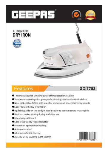 display image 7 for product Geepas GDI7752 1200W Automatic Dry Iron -  Teflon Plated Sole Plate, Durable Heavy Weight Iron Box|Overheat Protection | Ideal for All Type Of Fabrics