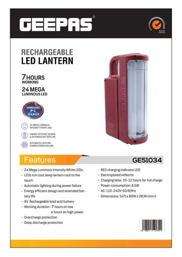 display image 11 for product Geepas GE51034 Rechargeable LED Lantern - Auto Lighting with Portable Handle | 24 Pcs LEDs, 130 Hour Working | Very Suitable for Power Outages - 1 Year Warranty