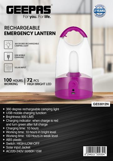 display image 10 for product Rechargeable Emergency Lantern, GE53012N | 360 Degree Light | USB Mobile Charging or Solar Input Jacket | 72Pcs Bright LED Light | 100hours Working