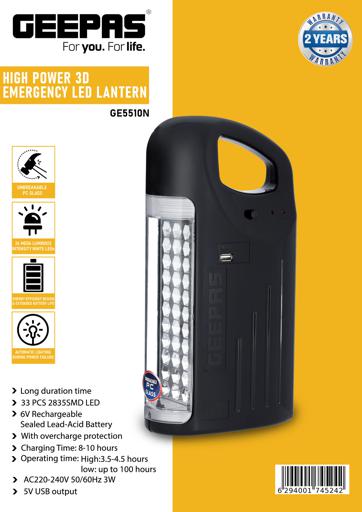 display image 8 for product High Power 3D Emergency Lantern, Lead-Acid Battery, GE5510N | 33 PCS 2835SMD LED | Overcharge Protection | Unbreakable PC Glass | Automatic Lighting | USB Output
