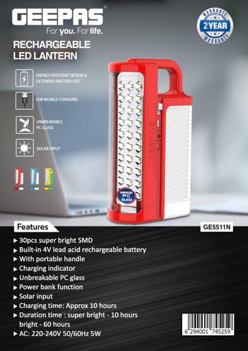 display image 16 for product Geepas Rechargeable LED Lantern| GE5511USB| Portable| Solar Input| Unbreakable PC Glass| Ideal for Camping and Hiking| Red