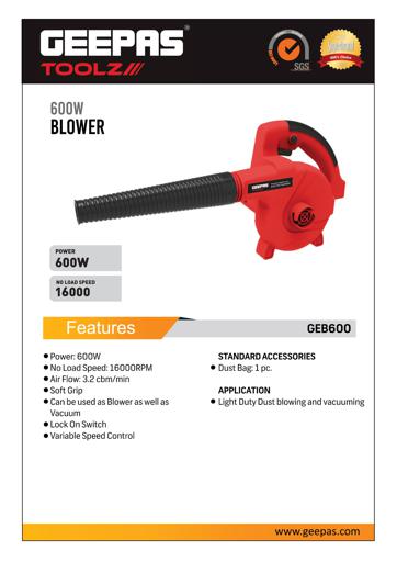 display image 7 for product Geepas Electric Blower 600W - Compact and Lightweight Leaf Blower |No Load 16000 RPM with Vacuum Cleaner Function | Perfect for Cleaning Home, Porch, Garden, Office & More