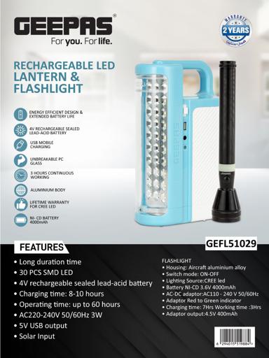 Geepas Rechargeable LED Lantern & 1Pc Torch, Emergency Lantern with Light  Dimmer Function