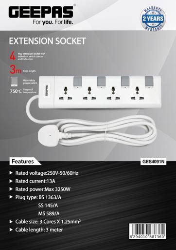 display image 7 for product Extension Socket, 4 Ways, 3m Cord Length, GES4091 | Power Extension Socket | Multi Plug Power Cable | High Quality, Heavy Duty Power Switch