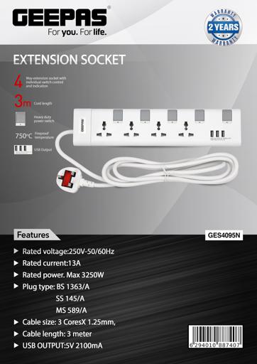 display image 10 for product Extension Socket, 4 Ways, 3m Cord Length, GES4095 | Power Extension Socket | Multi Plug Power Cable | High Quality, Heavy Duty Power Switch