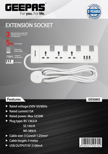 display image 11 for product Extension Socket, 3 Ways, 5m Cord Length, GES5803 | Power Extension Socket | Multi Plug Power Cable | High Quality, Heavy Duty Power Switch