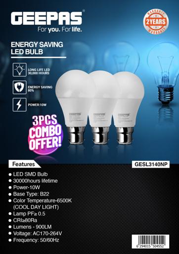 display image 6 for product Energy Saving LED Bulb, Pack of 3 10W LED Blubs, GESL3140P | 30000hrs Lifetime | E27/ B22 Base Type | 900LM Lumens | 80% Energy Saving Blubs | Cool Day Light LED Blub