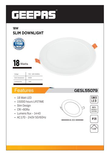 display image 4 for product Geepas GESL55079 Slim Downlight 18W -  80% Energy Saving SMD Led with Natural Cool White 6500K | Long Life 50,000 Burning Hours | 1 Year Warranty