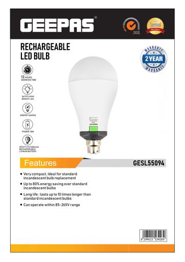 display image 6 for product Rechargeable LED Bulb, Energy Saving,18W, GESL55094 - 36 Pcs High Bright LED,12 Hours Working Time,3PCS*3.7V/1200mAh Rechargeable Lithium Battery,2 Years Warranty