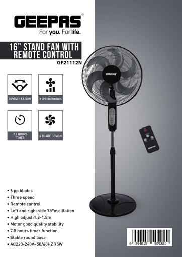 display image 11 for product Geepas GF21112 16" Stand Fan With Remote Control - 3 Speed, 6 Leaf Blade with Safety Grill, Adjustable Height  |7.5 Hours Timer | 2 Years Warranty