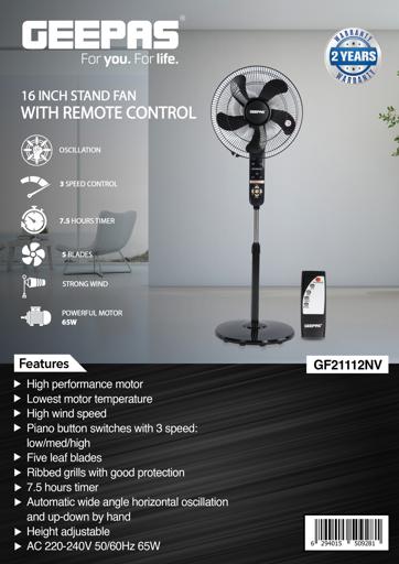 display image 10 for product  3 Speed Control 16" Stand Fan With Remote Control GF21112 Geepas