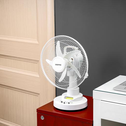 display image 1 for product Geepas GF21118 12'' Rechargeable Fan - 2 Speed Settings with 6 Hours Continuous Working & 24 Hours LED Light | 5000 Mah Battery | Ideal for Office, Home & Outdoor Use