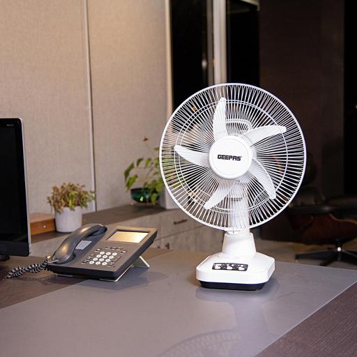 display image 2 for product Geepas GF21118 12'' Rechargeable Fan - 2 Speed Settings with 6 Hours Continuous Working & 24 Hours LED Light | 5000 Mah Battery | Ideal for Office, Home & Outdoor Use
