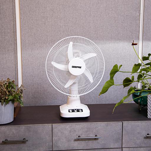 display image 1 for product Geepas GF21118 12'' Rechargeable Fan - 2 Speed Settings with 6 Hours Continuous Working & 24 Hours LED Light | 5000 Mah Battery | Ideal for Office, Home & Outdoor Use