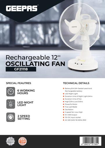 display image 17 for product Geepas GF21118 12'' Rechargeable Fan - 2 Speed Settings with 6 Hours Continuous Working & 24 Hours LED Light | 5000 Mah Battery | Ideal for Office, Home & Outdoor Use