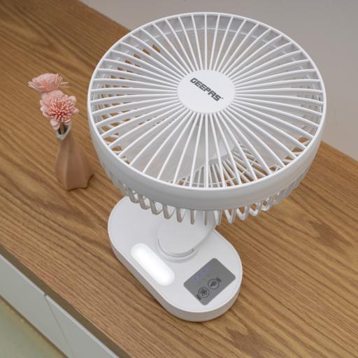 display image for Geepas GF21157 8-inch Rechargeable Fan – Portable Design, 3 Blade with 9-Hours working | Led Night Light |AC/DC Function & Adjustable Head | 2 Years warranty