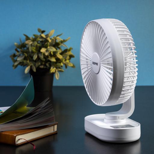 display image for Geepas GF21157 8-inch Rechargeable Fan – Portable Design, 3 Blade with 9-Hours working | Led Night Light |AC/DC Function & Adjustable Head | 2 Years warranty