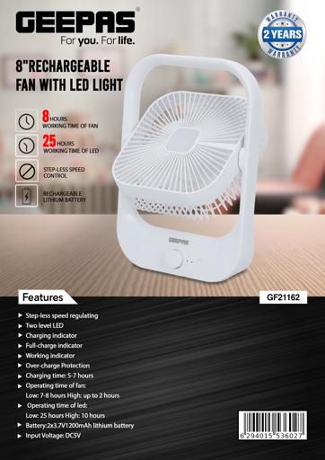 display image 12 for product 8" Rechargeable Fan with LED Light, GF21162 - Over-Charge Protection, 8 Hours Working, Step-Less Speed Control, Rechargeable Lithium Battery, Full-Charge Indicator