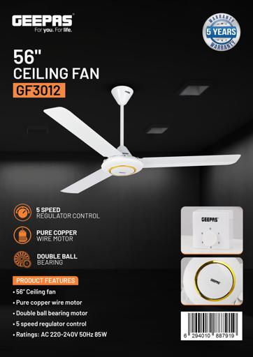 display image 8 for product Geepas GF3012 56"Ceiling Fan - 5 Speed | 3 Blade with Strong Air Breeze | Double Ball Bearing | Indoor Ceiling Fan | Ideal for Living Room, Bed Room, and Office