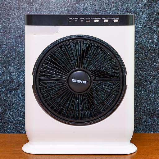 display image 4 for product 12'' Rechargeable Box Fan, Powerful Motor, GF919 - Personal Desk Fan with Led Night Light ,10 Hours Working Time, Solar Input, USB Output, Up/Down Tilting, Five Leaf Blades