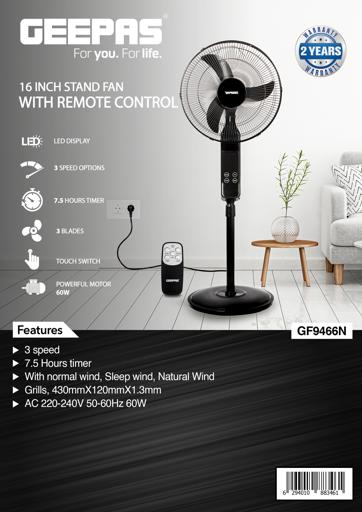 display image 21 for product Geepas GF9466 16" Stand Fan With Remote Control 50W - 3 Speed, 5 Leaf Blade, Adjustable Height & Tilt Setting With Led Display | Auto Off | 2 Years Warranty