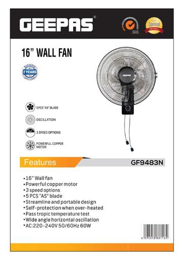 display image 13 for product Geepas GF9483 16-Inch Wall Fan - 3 Speed Settings with 2 Pull String Cords | 5 Leaf Blades | Perfect for Home, Work Room or Office Use | 2 Year Warranty