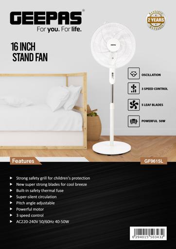 display image 18 for product 16" Stand Fan, Wide Oscillation, 6PP Blades, GF9615 | Adjustable Height | 3 Speed Setting | Metal Safety Grill | Ideal for Home, Office, Restaurant, Etc