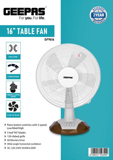display image 9 for product Geepas GF9616 16-Inch Table Fan - 3 Speed Settings with Wide Oscillation | 5 Leaf Blade for Cooling Fan for Desk, Home or Office Use | 2 Year Warranty