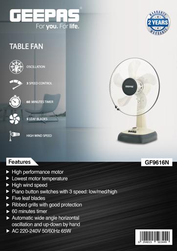 display image 16 for product Geepas GF9616 16-Inch Table Fan - 3 Speed Settings with Wide Oscillation | 5 Leaf Blade for Cooling Fan for Desk, Home or Office Use | 2 Year Warranty