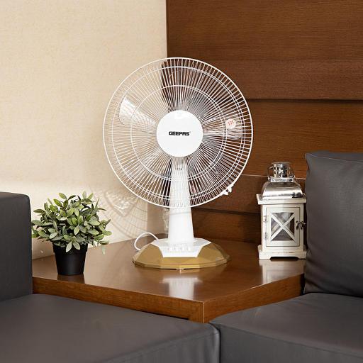 display image 1 for product Geepas GF9616 16-Inch Table Fan - 3 Speed Settings with Wide Oscillation | 5 Leaf Blade for Cooling Fan for Desk, Home or Office Use | 2 Year Warranty