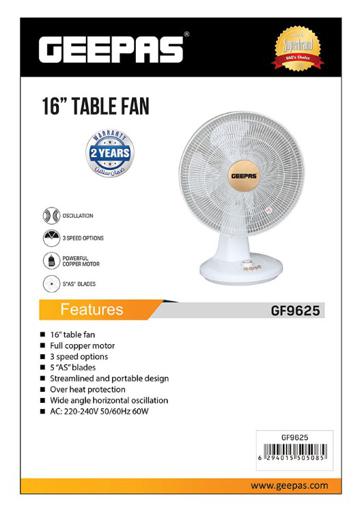 display image 8 for product Geepas GF9625 16-Inch Table Fan - 3 Speed Settings with Wide Oscillation | 5 Leaf AS Blade for Cool Air |Perfect for Desk, Home or Office Use | 2 Years Warranty