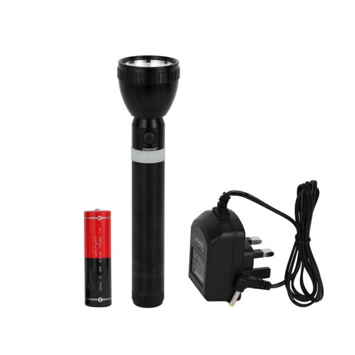 Geepas Rechargeable LED Flashlight 287mm- Hyper Bright White with 4-5 Hours Working & 2500mAh Battery | Ideal for Patrolling, Trekking, Emergency Power Cut hero image