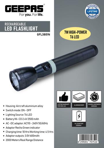 display image 12 for product Geepas Rechargeable Led Flashlight 287Mm- Hyper Bright White 2500 Meters Range With 4-5 Hours