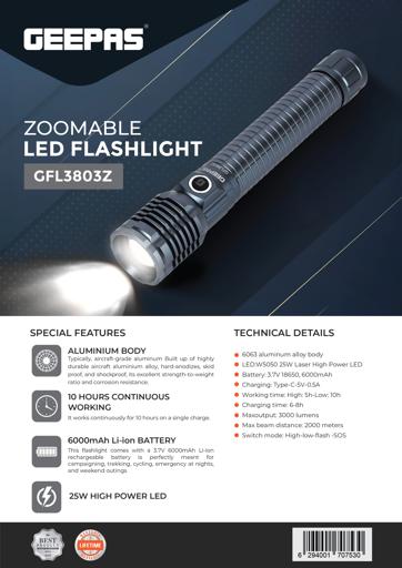 display image 17 for product Geepas Rechargeable LED Flashlight, Li-ion Battery, GFL3803 | Aircraft Aluminium Alloy Body | CREE LED | Lifetime Warranty of LED | 2 Years Warranty