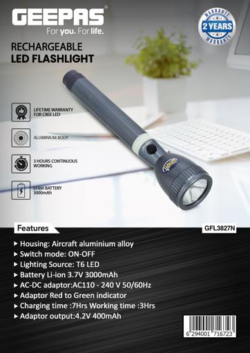 display image 15 for product Rechargeable LED Flashlight, Portable & Lightweight, GFL3827N | 3000mAh Battery | 3hrs Working | Ideal for Indoor & Outdoor Activities | Powerful Torch for Camping Hiking & More