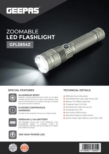 display image 13 for product Geepas GFL3854 - Rechargeable LED Flashlight | High Power Flashlight Super Bright Micro LED Torch Light | 4.5 Hours Working | Powerful Torch for Camping, Hiking, Trekking, Outdoor Activities | 6 Months Warranty